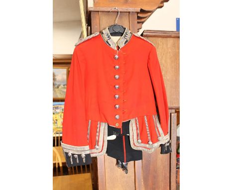 British army uniform, a red doublet jacket having W Jones &amp; Co of London white metal Kings Own Scottish Borderers KOSB bu