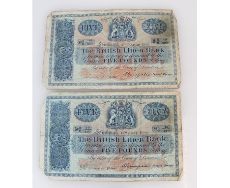 THE BRITISH LINEN BANK, two five pound £5 banknotes 3rd January 1936 B/6 13/385 and 8th June 1940 K/6 19/430, SC213a. (2)
