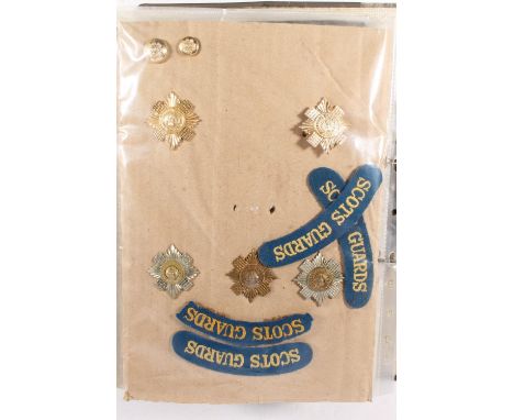 Ring binder folder containing Scots Guards, Royal Scots Greys, Royal Scots Fusiliers and Cameronians Scots Rifles insignia to