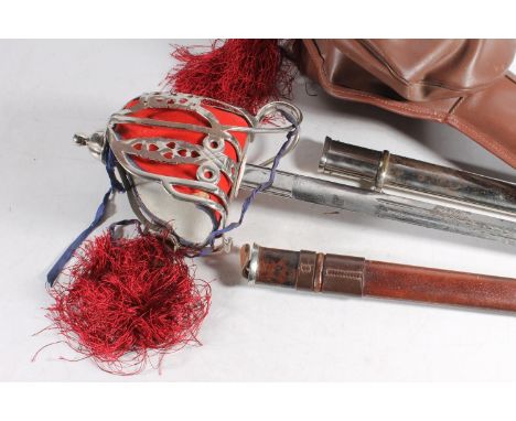 George V Scottish officers basket hilted broadsword, the etched multi fullered blade with 'Nemo Me Impune Lacessit' motto and