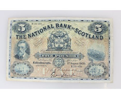 THE NATIONAL BANK OF SCOTLAND LIMITED five pound £5 banknote 1st August 1939, Bremner and Drever, B131-470, SC512c.