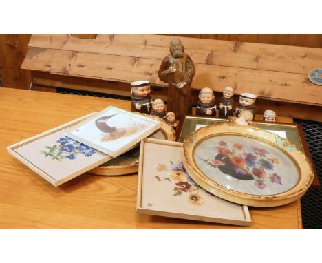 A pair of Mid Century circular silk on cloth still life's, framed &amp; glazed, together with figural ceramic jugs.