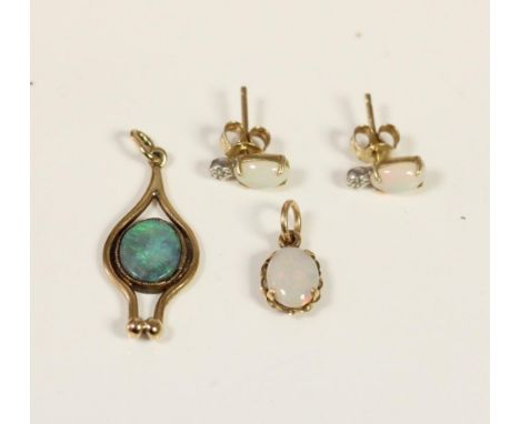 A Scottish 9ct gold and opal doublet pendant, Edinburgh 1978, another opal pendant and a pair of ear studs, 2.4gm 