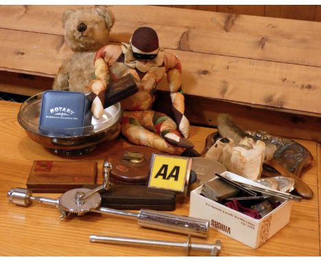 A collection of collectibles and other items to include, a jointed teddy bear, silk Pierrot doll, AA badge, Rotary wristwatch