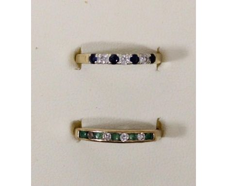 A 9ct gold emerald and diamond channel set ring, one diamond vacant, P and a sapphire and diamond ring, N, 3.2gm 