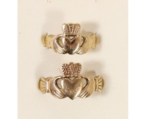 An Irish 9ct gold his and hers Claddagh ring set, Dublin hallmarks, W and K, stamped Made in Ireland, 6.8gm. 