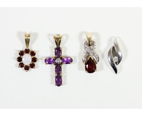 A 9ct gold amethyst and diamond cross pendant, an opal and garnet pendant and 2 other pendants, 4.1gm 