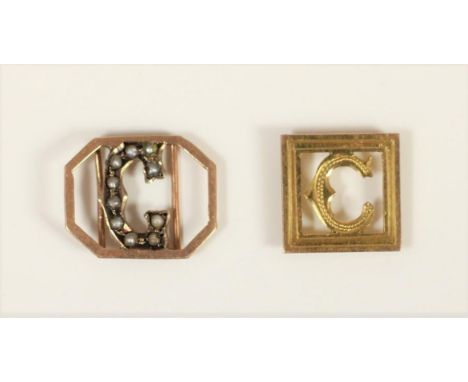 A 9ct rose gold and pearl slide initial G and another gold example, initial C, 1.2gm 