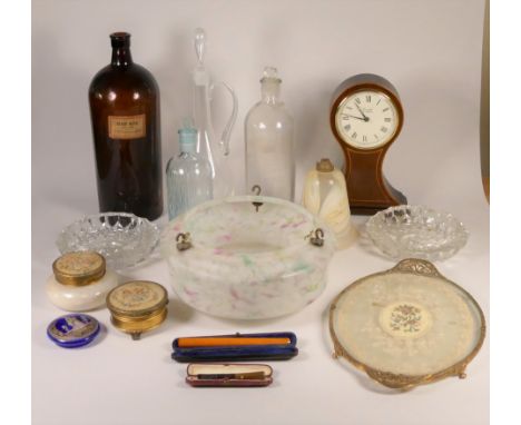 A 1950's Art Deco style mottled glass ceiling light, together medicine bottles, a glass decanter, a 1950's dressing table set