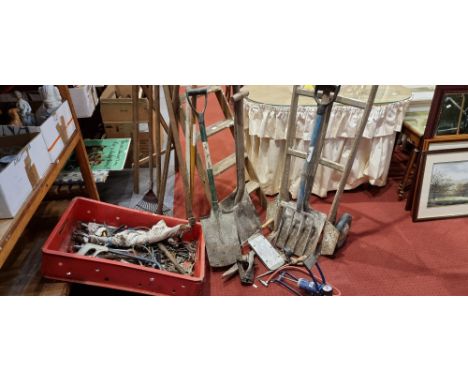 A selection of hand tools, a five step wooden ladder, sack barrow, foot pump, etc.