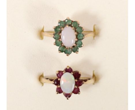 A 9ct gold opal and garnet cluster ring, N and a 9ct gold opal and emerald ring, L 1/2, 4.5gm 