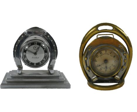 A manual wind mantle clock in the form of a horseshoe, dial stamped, presented by the proprietor of  'Sporting Bits' 11 cm, t