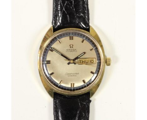Omega Seamaster Cosmic day/date gilt metal gentleman's wristwatch, c.1970's, with blue chapter ring, 35mm, back plating very 