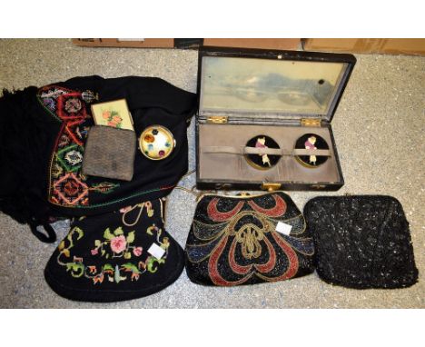 Ladies Accessories - a bead work evening bag; another tapestry; an Art Deco vanity case; a Stratton compact, etc