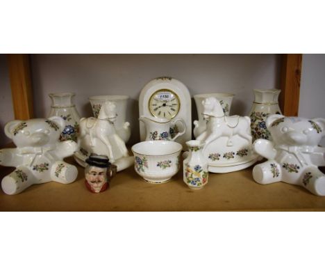 Ceramics - Royal Tara mantel clock; vases; Teddy bear money box; etc quantity 