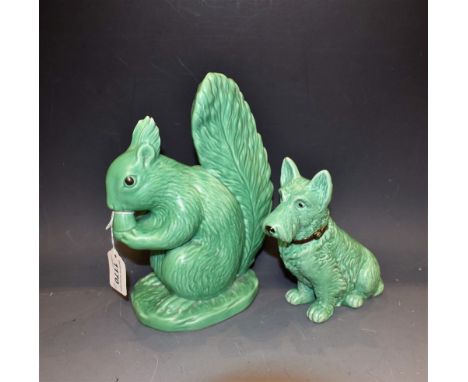 A Sylvac Squirrel, glazed throughout in green, picked out in black, 25.5cm; a similar Sylvac Terrier (2)