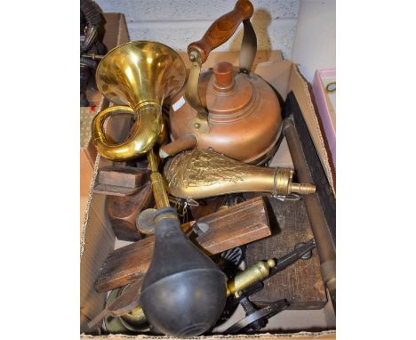 Boxes and Objects - a set of brass postal scales; a brass powder flask; a Harper & Tunstall rolling rule; others, wooden plan