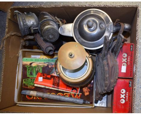 Boxes and Objects - a pewter hot water jug with enamel lining; a carbide lamp; others, Meccano, bellows, Oxo tins, etc