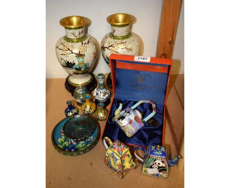 A pair of cloisonne baluster vases, 21cm high; others including jar and cover, dish, etc; a Charlotte di Vita enamel teapot, 