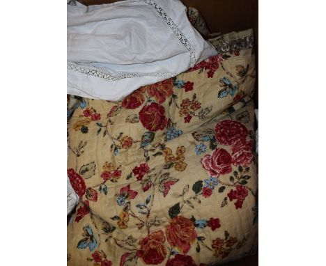 Textiles - lace edged linen tablecloths; hand embroidered floral tablecloths including crinoline lady