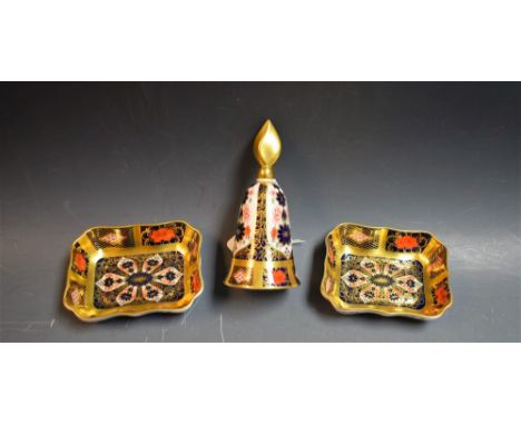 A pair of Royal Crown Derby Imari 1128 pattern rectangular trinket dishes, first quality; another, bell shaped candle snuffer