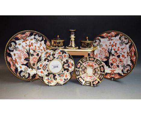 A Bloor Derby desk stand, gilded decoration on deep blue ground, comprising stand, ink well and pen holde, lidded pot, candle