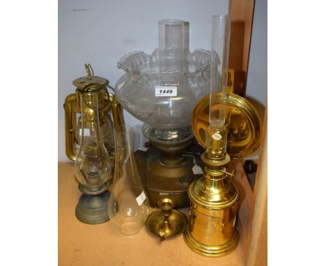 Lighting - a reproduction British Coal Mining paraffin wall lamp; other paraffin lamps, chamber sticks, etc