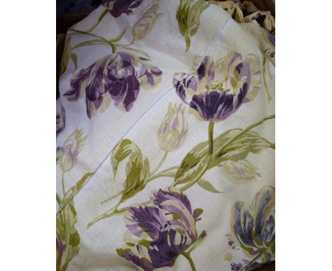 Textiles - a large pair of Laura Ashley linen union interlined curtains, tulips on cream ground