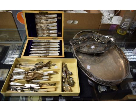 Metalware - a set of six silver collared fruit knives and forks, mahogany cased, Sheffield 1902; others including silver haft