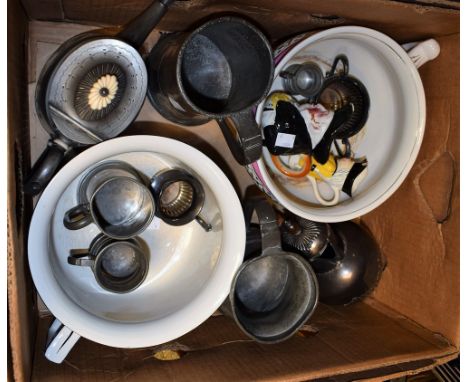 Ceramics and Metalware - a silver plated tea service; 19th century pewter mugs; a Britannia metal teapot; toby jugs; etc.