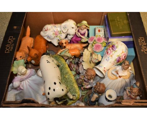 Ceramics - Fenton floral printed vases; Staffordshire figures, animal models, Wedgwood trinket dishes, some boxed, Royal Albe