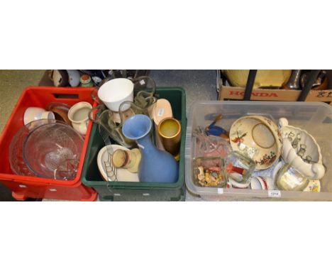 Ceramics and Glass - a studio glass wavy rim vase; bowls; decanter; Sylvac vase; etc quantity (three boxes) 