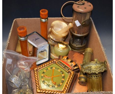 Boxes and Objects - a three draw brass telescope; a miner's safety lamp, Lamp & Limelight Company, Hockley; a Dave Patent bra