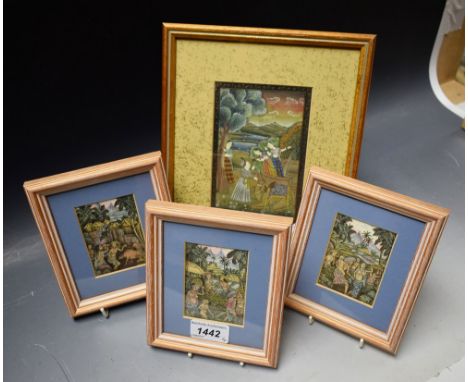 An Indian School manuscript page, Figures and Camel, watercolour and gouache, 14,5cm x 10cm, framed; others, a set of three A