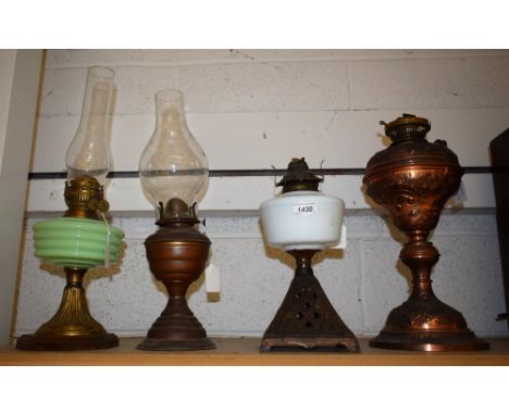 A Victorian Rococo Revival Hinks Patent oil lamp, by Jas. Lees & Son, Liverpool, inverted ogee reservoir embossed with scroll