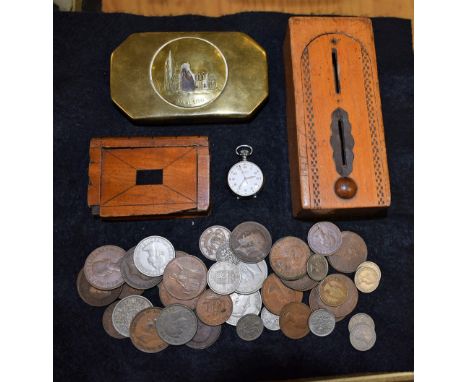 A German trench art tobacco box and cover, embossed with Koln Cathedral, with signs of bullet damage; a mahogany pocket snuff