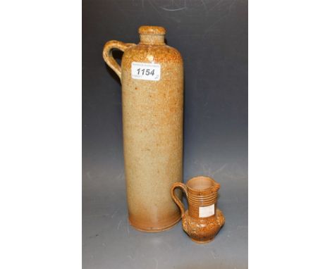 A Derbyshire saltglaze flask; a miniature saltglaze jug (2)