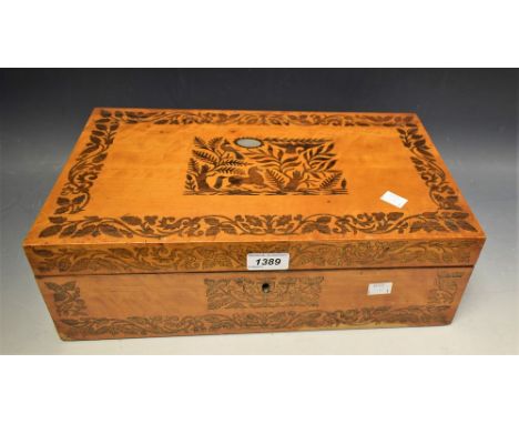 A late Victorian writing slope, rosewood inlay depicting a horse and peacocks, mother of pearl inlay, velvet fitted interior,