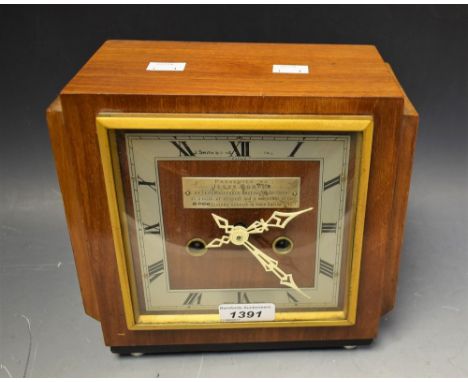 Local Interest - An Art Deco Smiths oak mantel clock, Roman numerals, twin winding holes, silver presentation plaque, inscrib