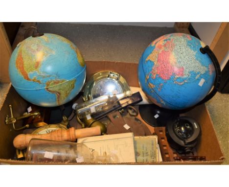 Boxes and Objects - a brass porthole; an Aqua Meter gimbaled marine compass; a Plastimo brass porthole clock; a glass ship in