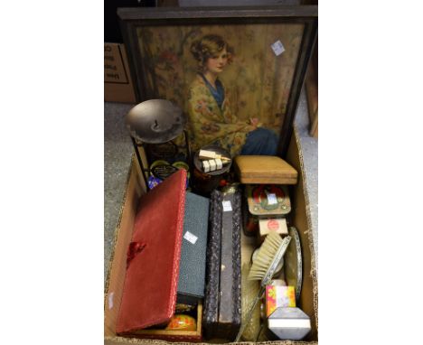 Boxes and Objects - a ladies manicure/sewing set with associated tools some with mother of pearl hafts; a quantity of painted