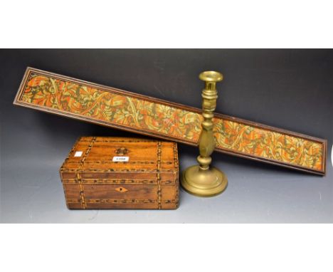 A marquetry inlaid box with fitted interior; an Arts and Crafts needlework fragment with repeating bird and foliage pattern i