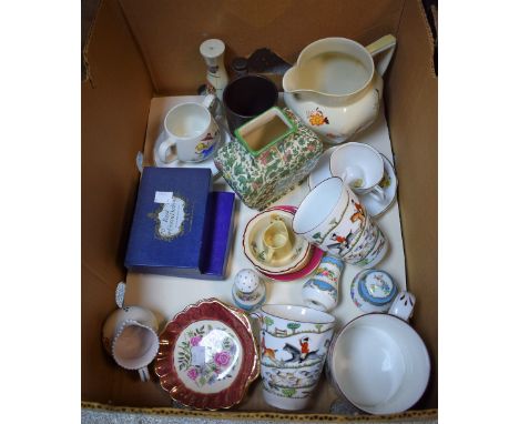 Ceramics - a Royal Crown Derby Posies pin dish, boxed; another similar, boxed; a Crown Staffordshire hunting tankard; two oth