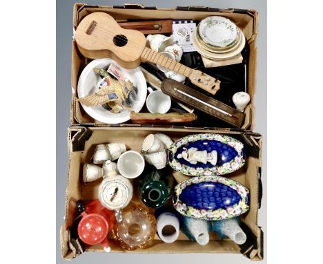 Two boxes containing Maling bowls, ukulele, glass light shades, assorted china, figurines etc.