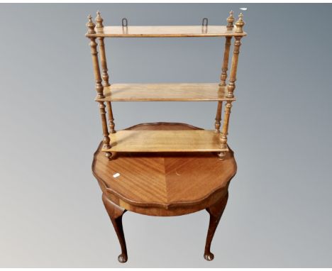 A beech three tier hanging wall shelf together with a 20th century mahogany occasional table.