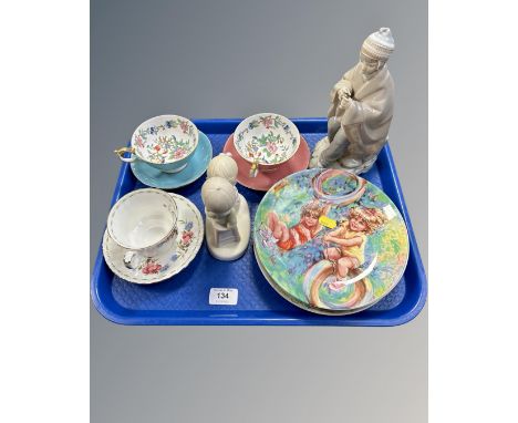 A pair of Aynsley bone china tea cups with saucers, Wedgwood collector's plates, Nao figure etc 