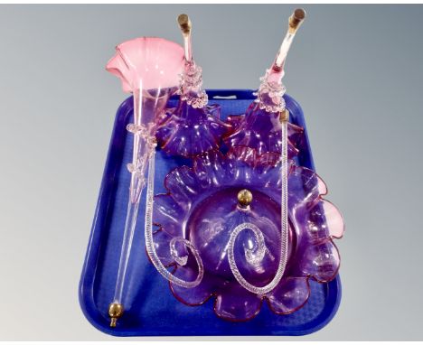 A Victorian part pink glass epergne (a/f)