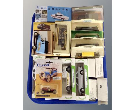 Assorted die vehicles - Vanguard, Ringtons Tea delivery vans, Corgi Land Rover, racing truck, etc all parts boxed 