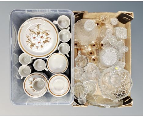 Two boxes containing Mountain Wood stoneware oven to table tea and dinner service, assorted glassware, a handmade Polish blue