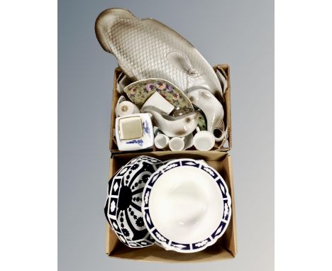 Two boxes containing assorted ceramics including French fish serving plate with two matching jugs, Ringtons vase, 19th centur